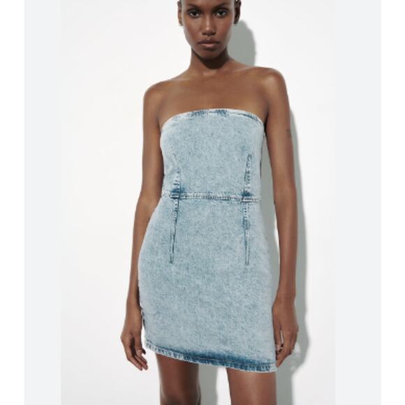 Zara Light Wash Strapless Denim Mini Dress Stretch Fit Size XS - Picture 6 of 8